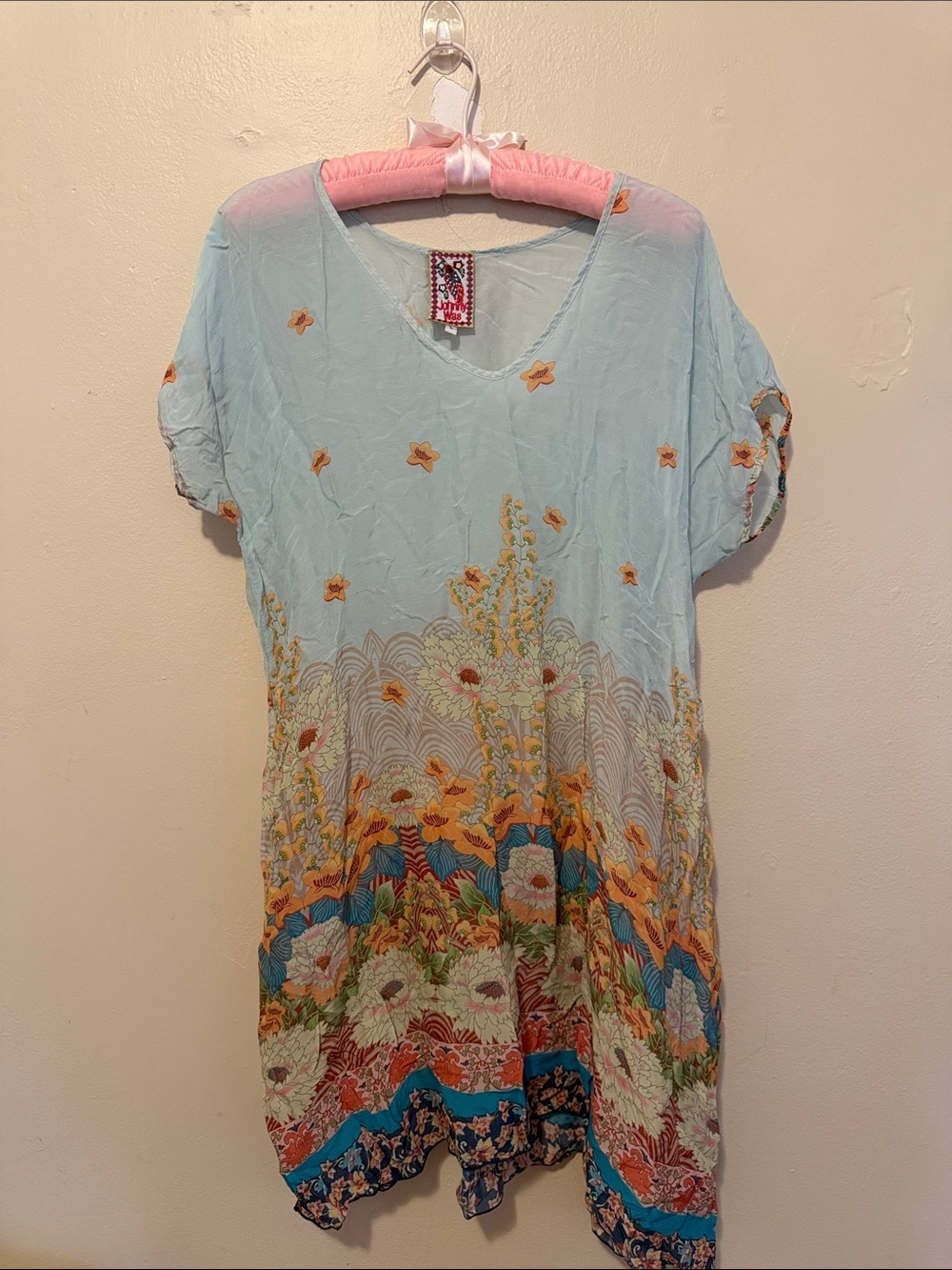 Johnny Was Light Blue Floral Embroidered V-Neck Tunic